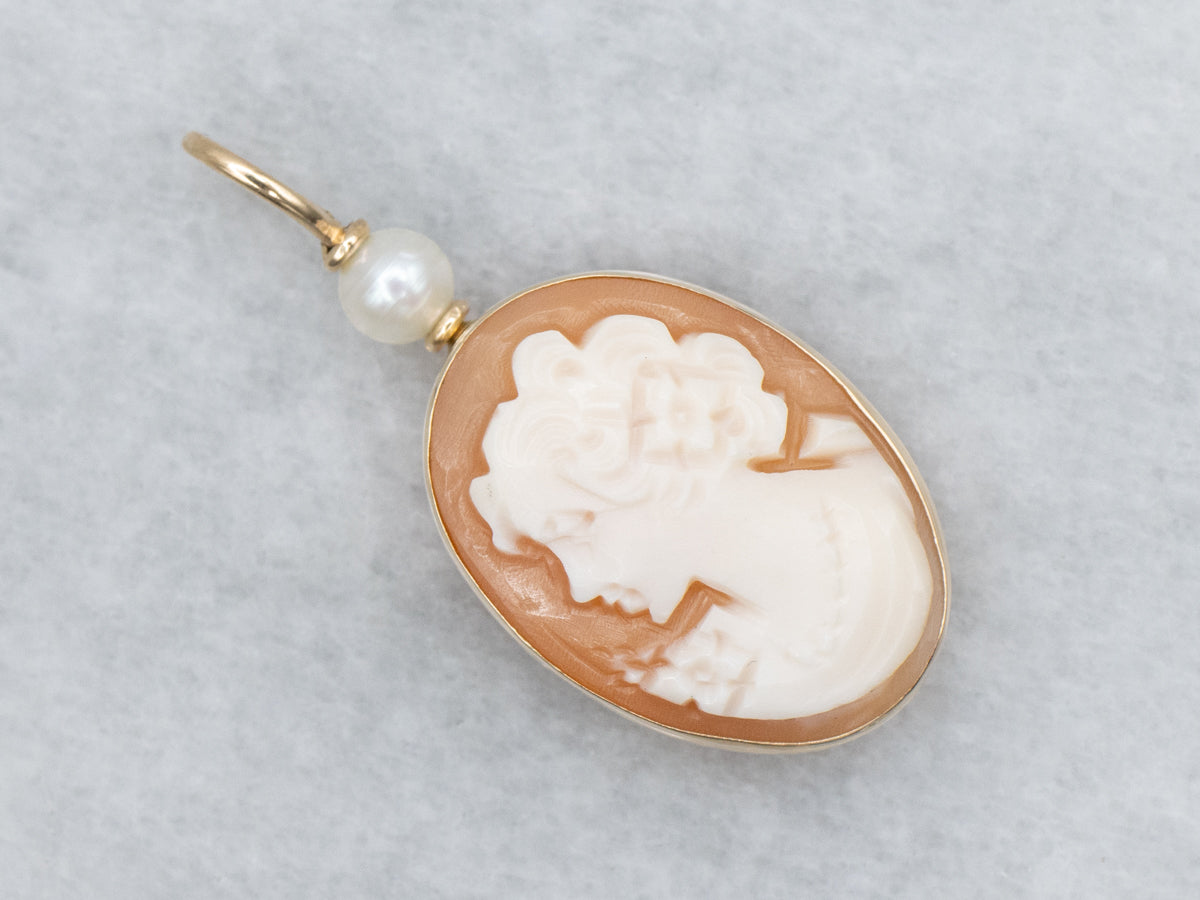 Vintage Italian Cameo and Pearl Yellow Gold Pendant