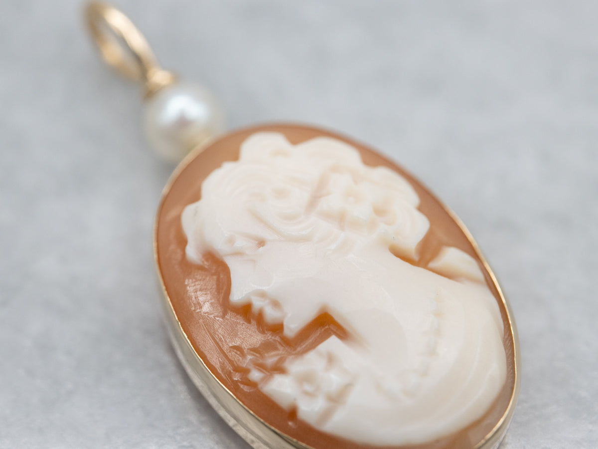 Vintage Italian Cameo and Pearl Yellow Gold Pendant