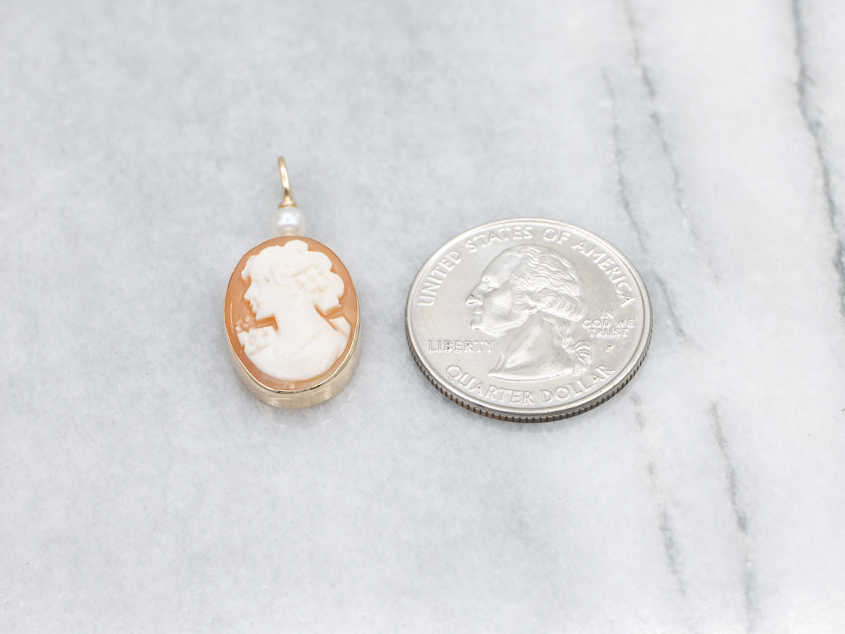 Vintage Italian Cameo and Pearl Yellow Gold Pendant