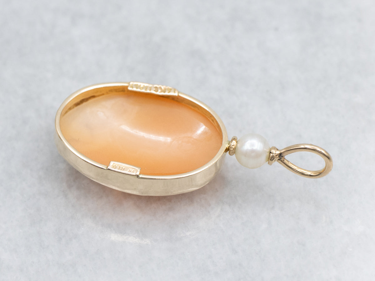 Vintage Italian Cameo and Pearl Yellow Gold Pendant