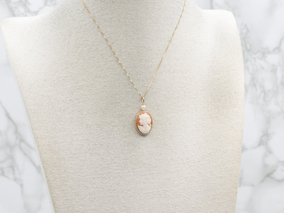 Vintage Italian Cameo and Pearl Yellow Gold Pendant