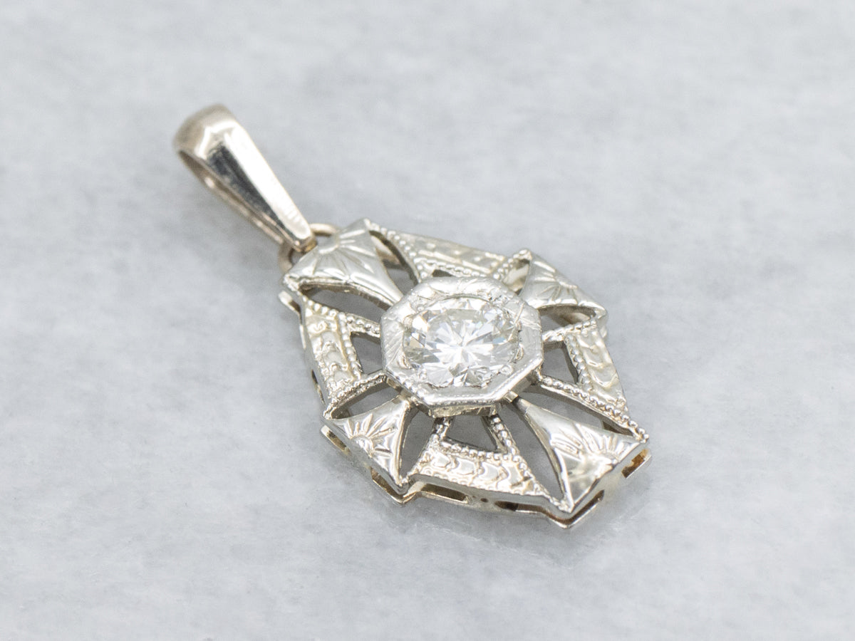 Art Deco Diamond 14K White Gold Stick Pin Conversion Pendant
