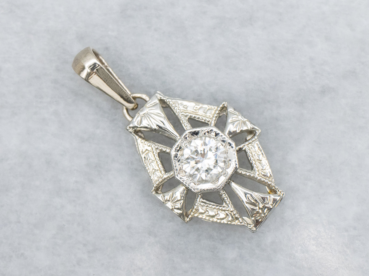 Art Deco Diamond 14K White Gold Stick Pin Conversion Pendant