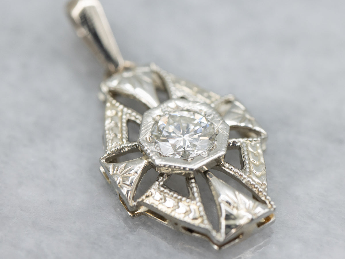 Art Deco Diamond 14K White Gold Stick Pin Conversion Pendant