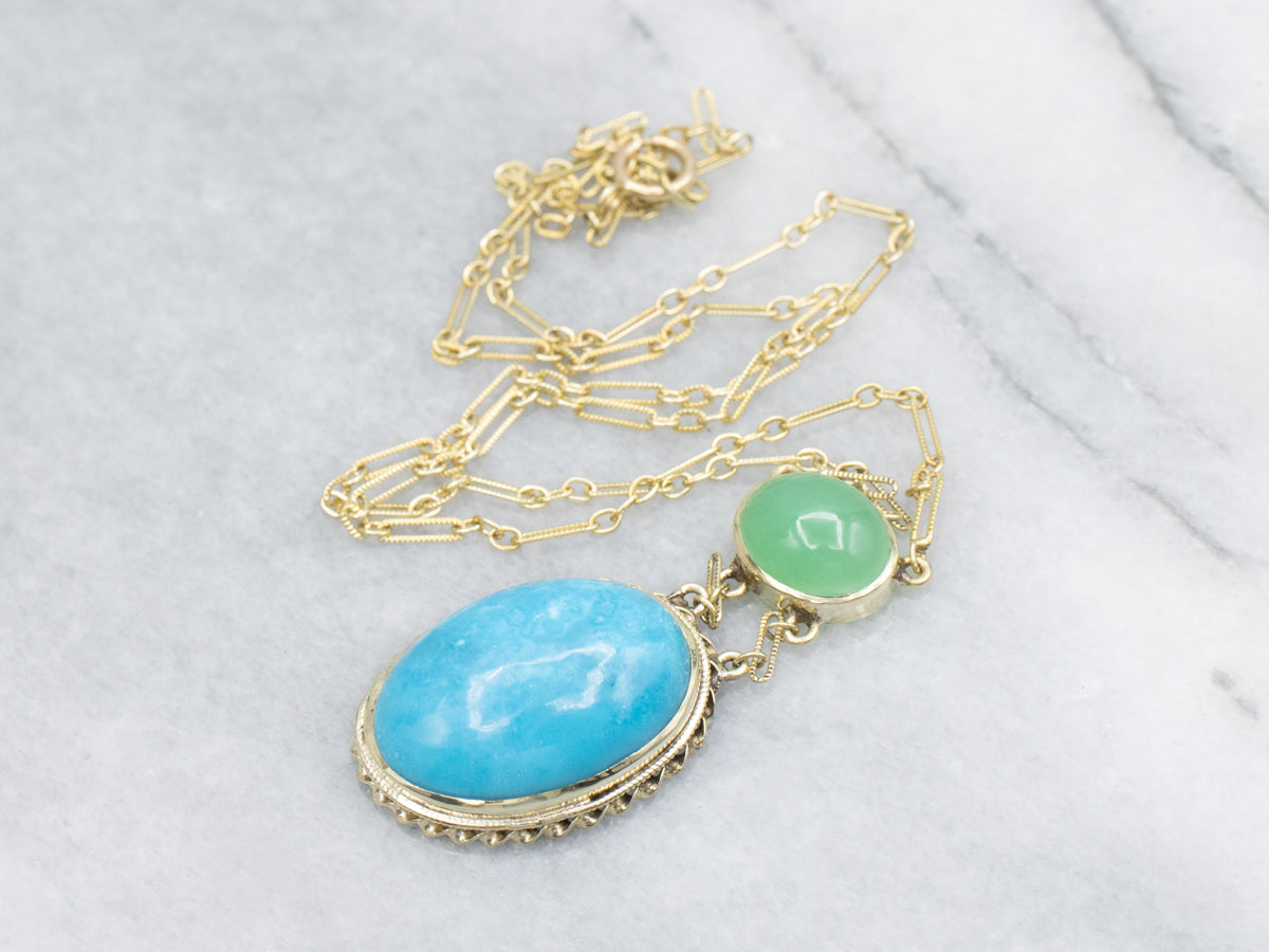 Turquoise Chrysoprase Cabochon and Gold Necklace