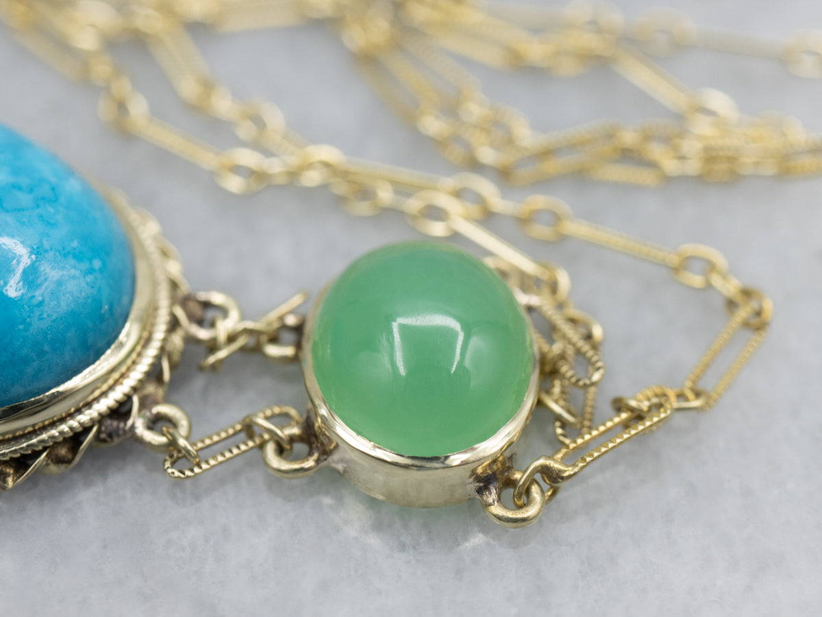 Turquoise Chrysoprase Cabochon and Gold Necklace