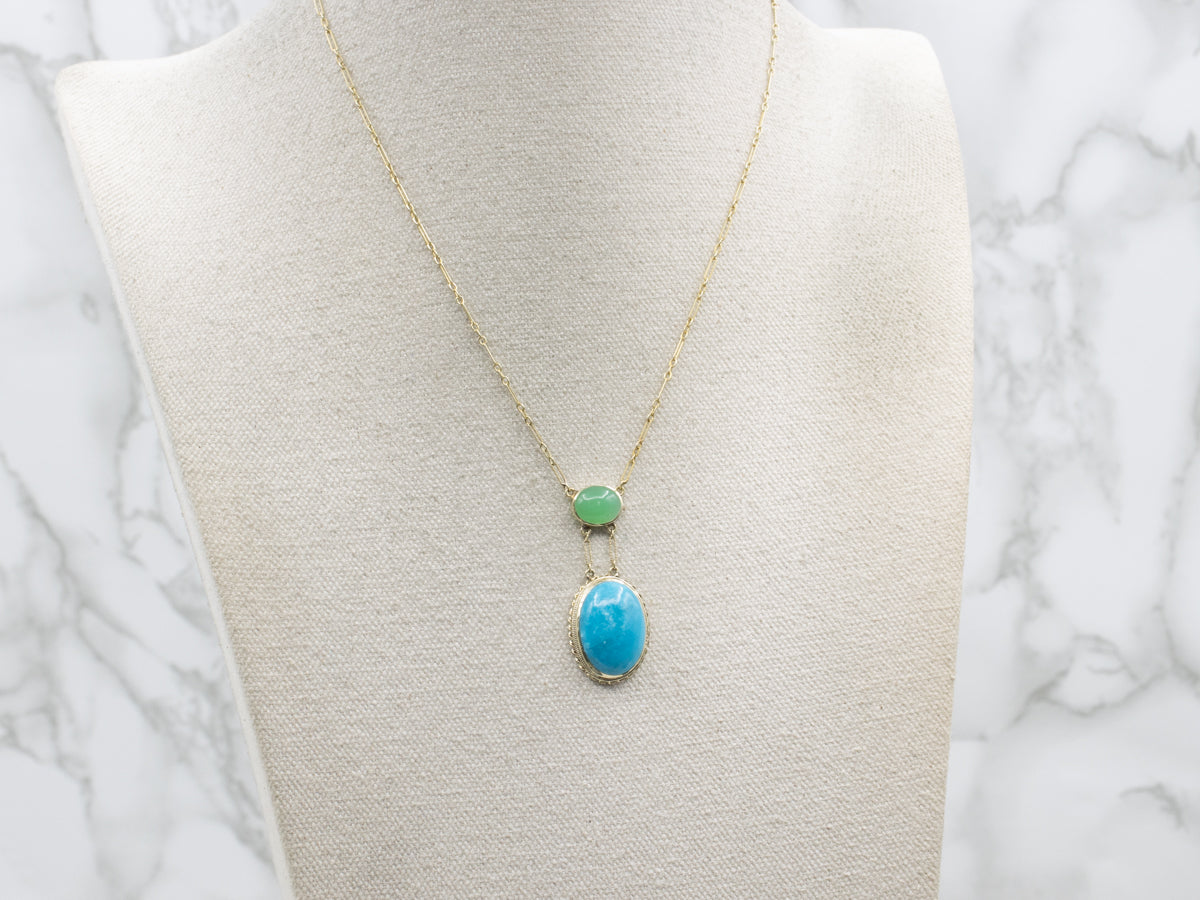 Turquoise Chrysoprase Cabochon and Gold Necklace