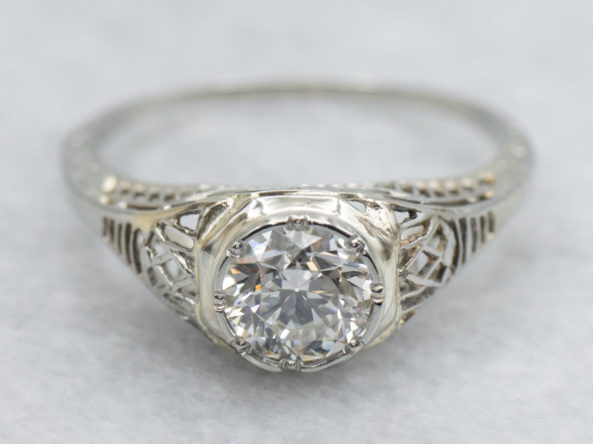 Bezel Set European Cut Diamond Art Deco Filigree Ring