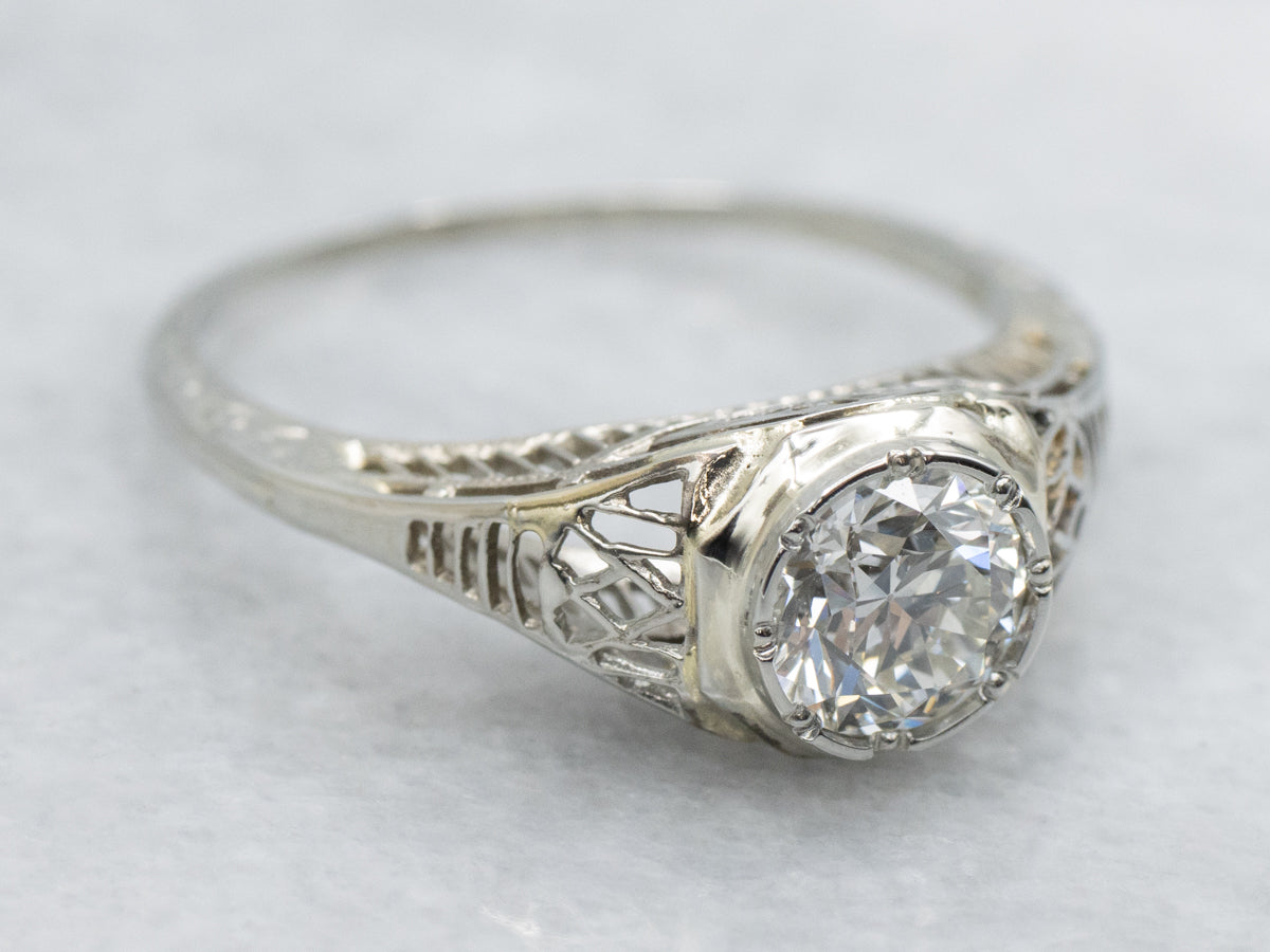Bezel Set European Cut Diamond Art Deco Filigree Ring