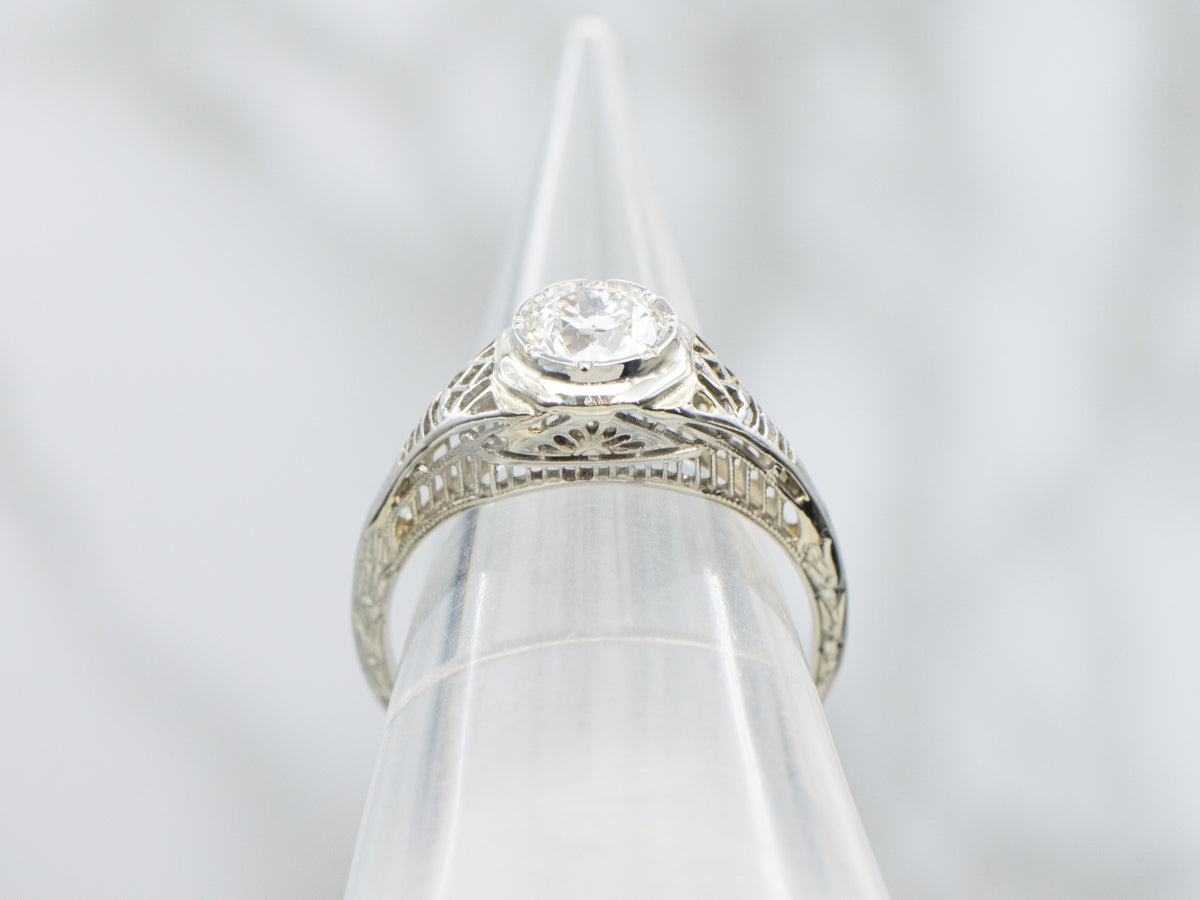 Bezel Set European Cut Diamond Art Deco Filigree Ring