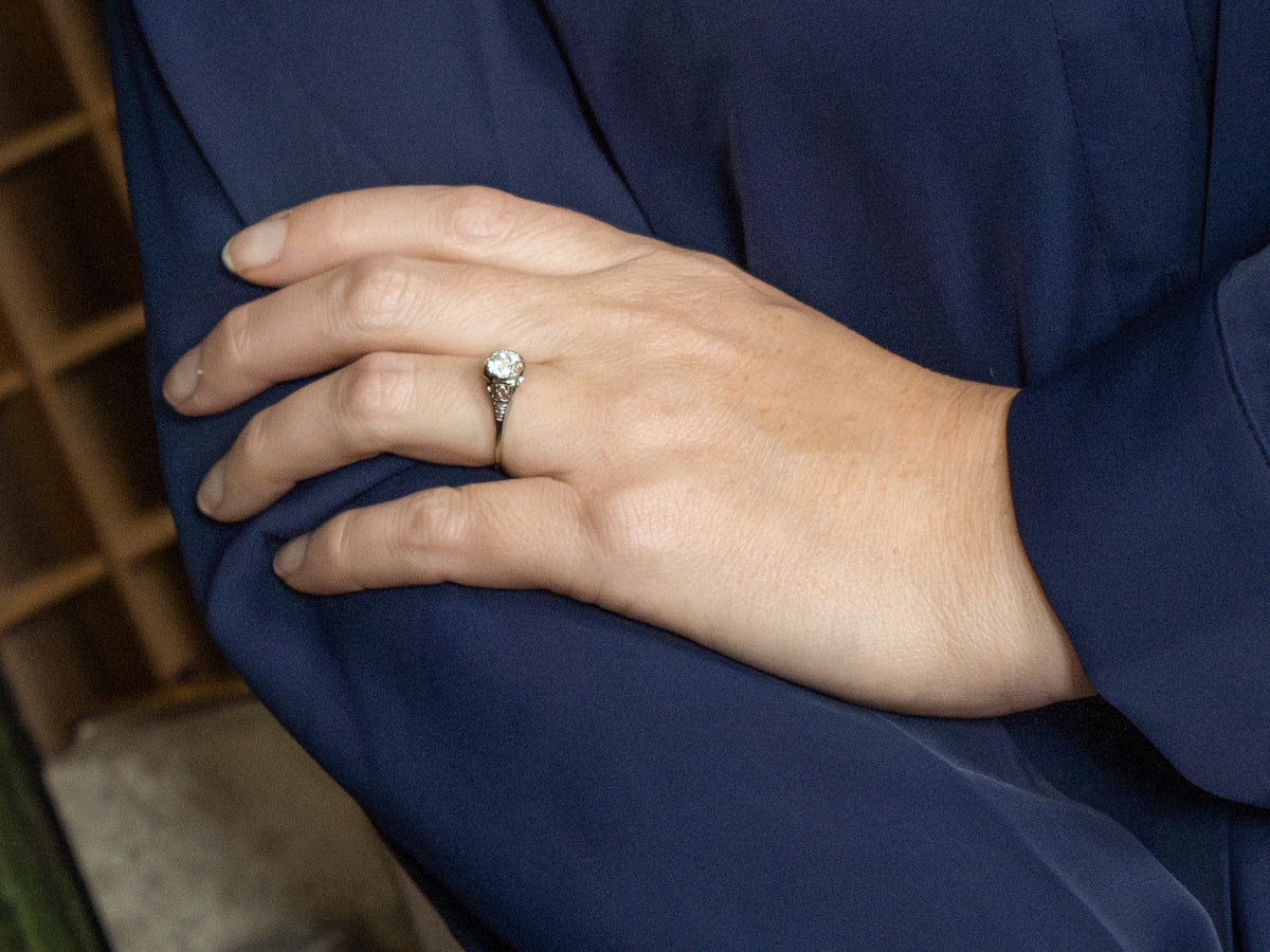 Bezel Set European Cut Diamond Art Deco Filigree Ring