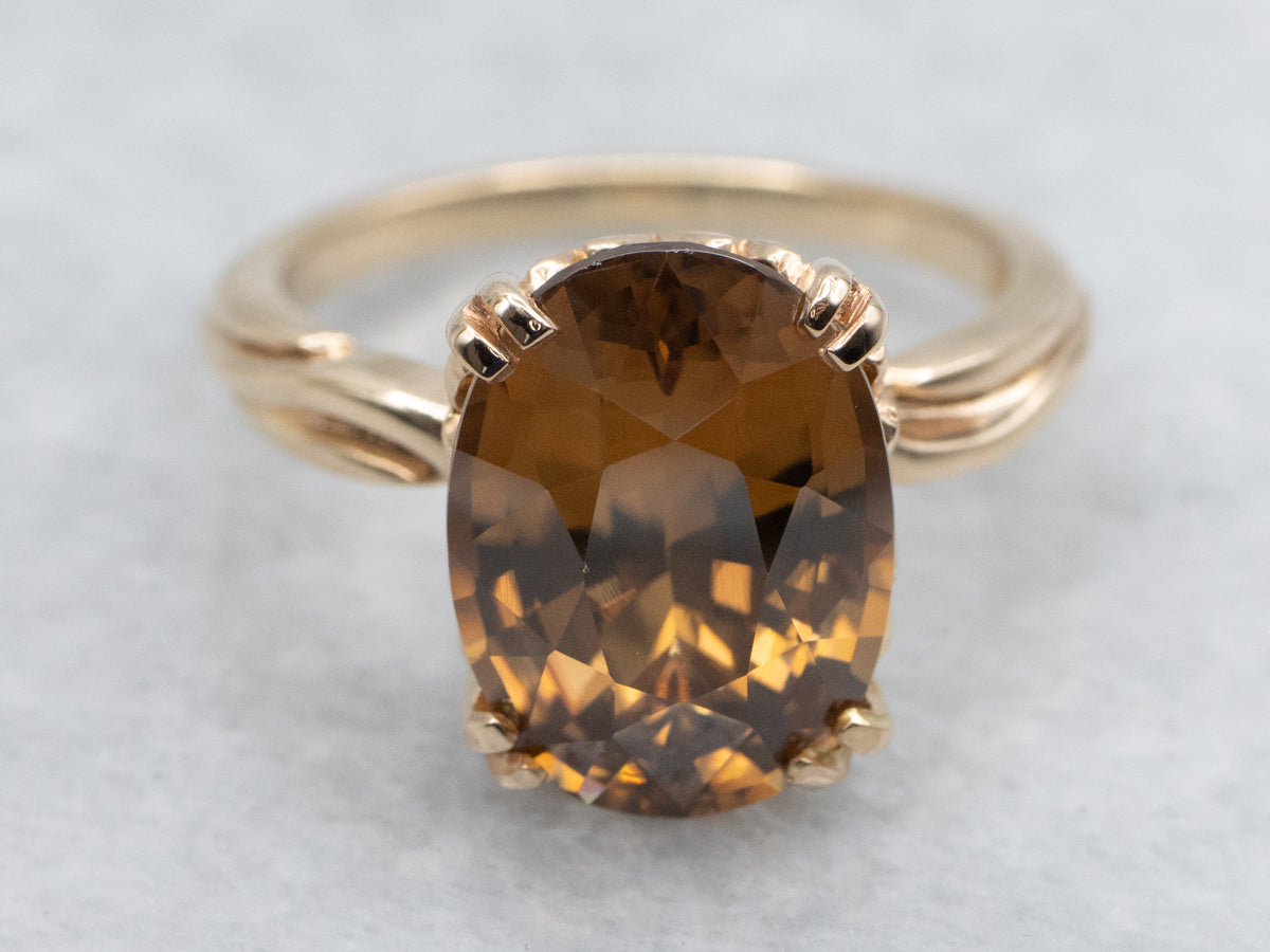 Golden Zircon Twisted Yellow Gold Solitaire Ring