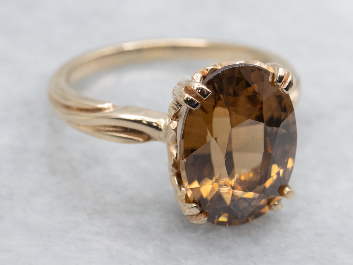 Golden Zircon Twisted Yellow Gold Solitaire Ring