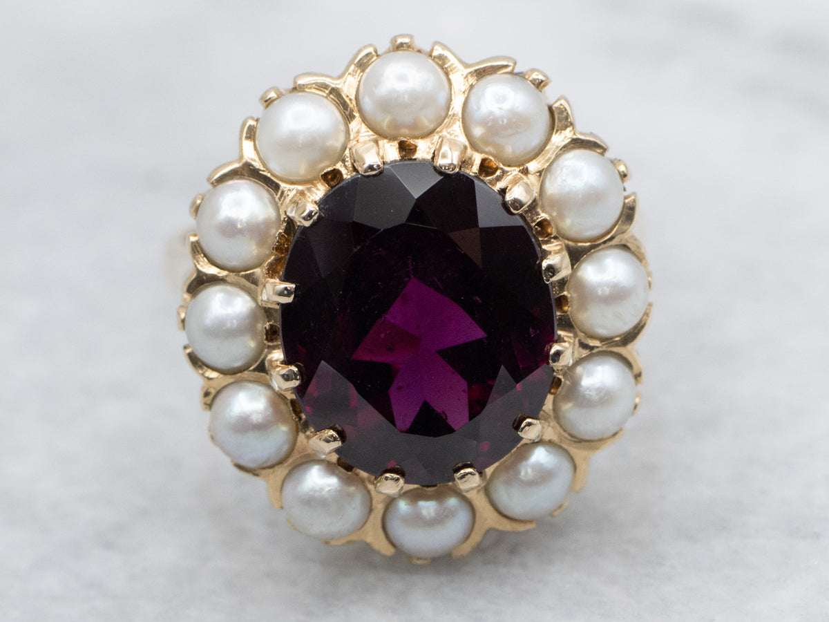 Beautiful Rhodolite Garnet and Pearl Halo Cocktail Ring