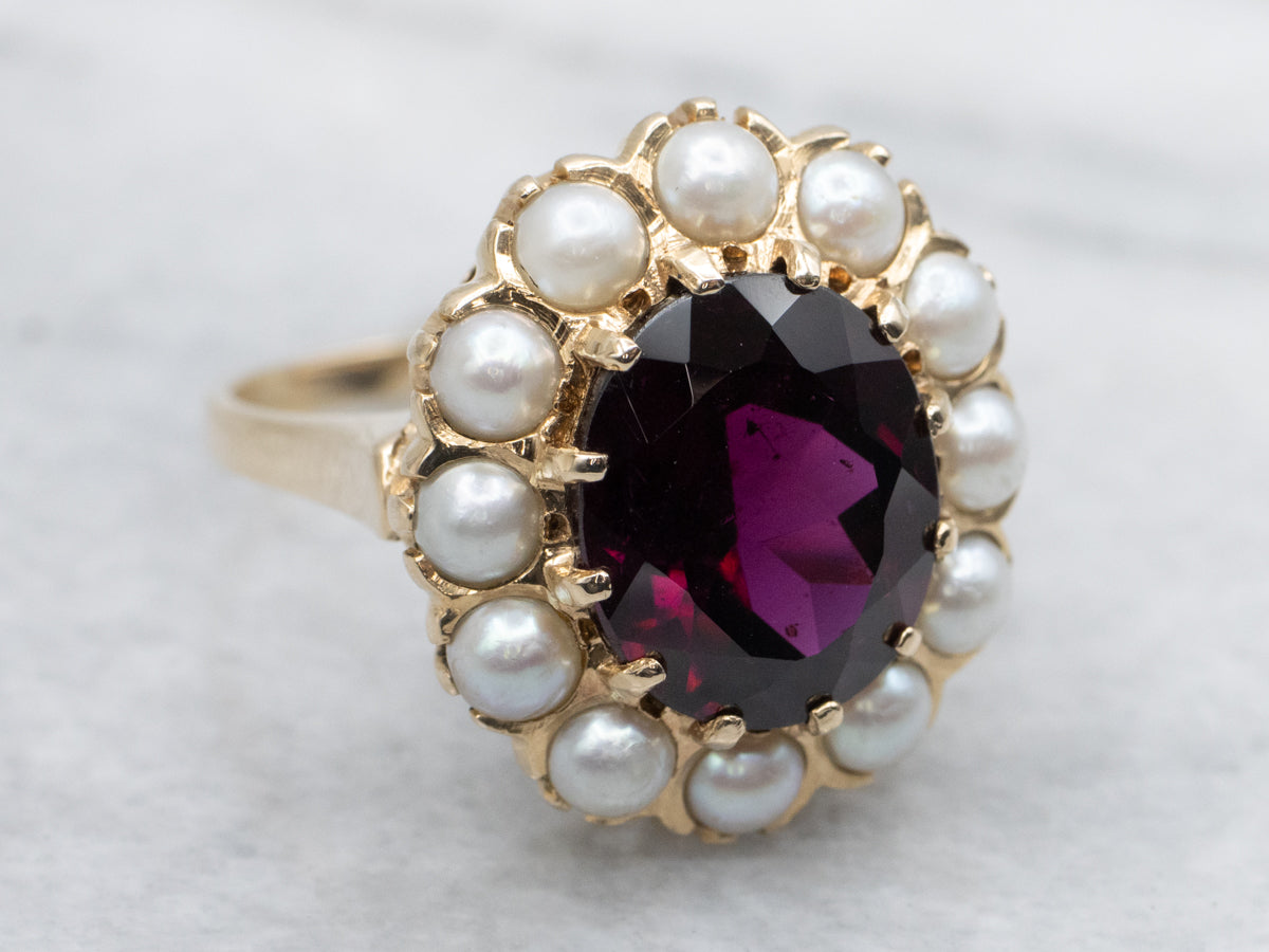Beautiful Rhodolite Garnet and Pearl Halo Cocktail Ring