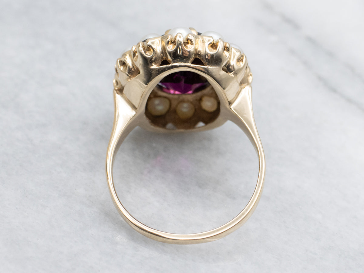 Beautiful Rhodolite Garnet and Pearl Halo Cocktail Ring