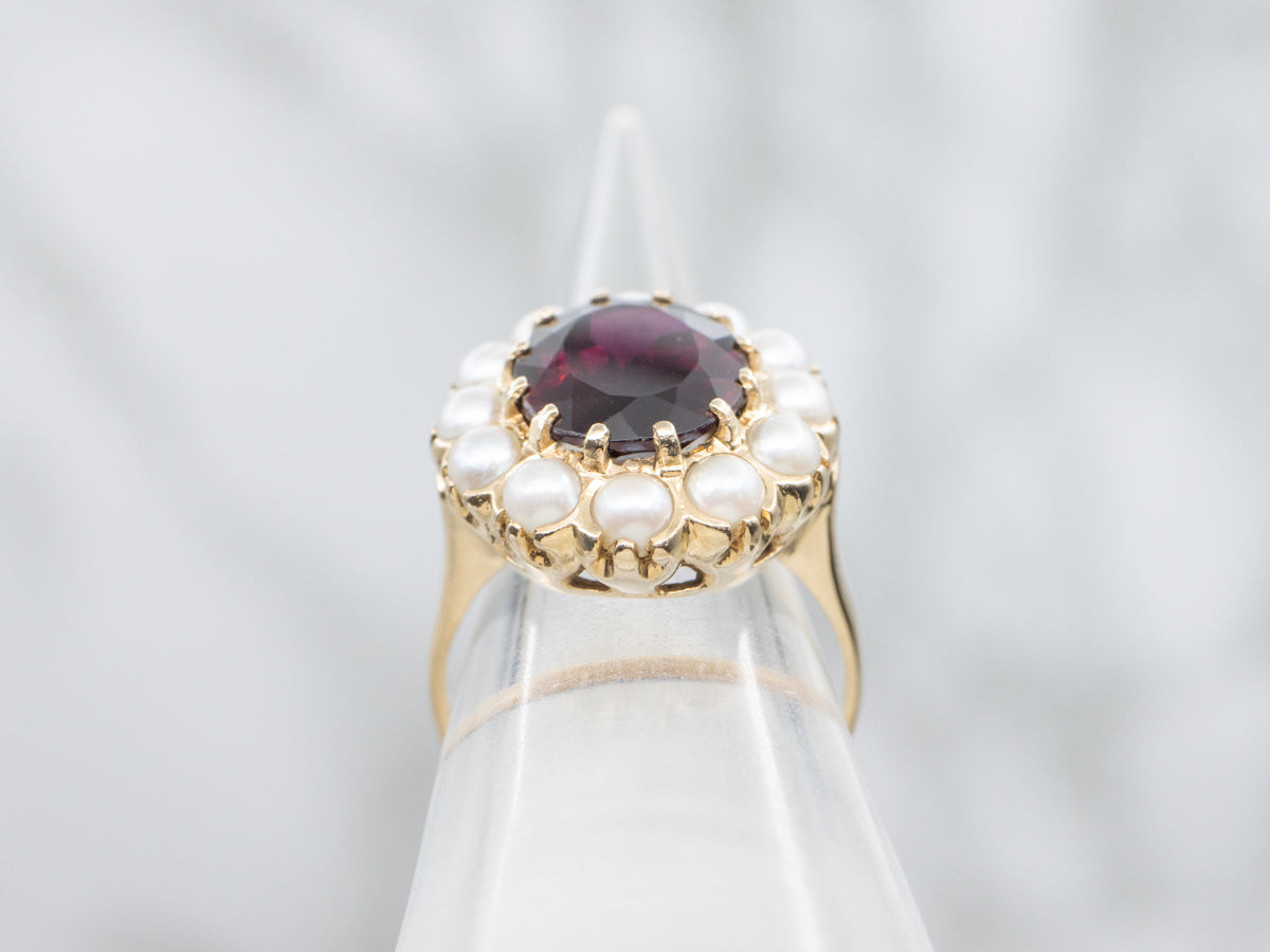Beautiful Rhodolite Garnet and Pearl Halo Cocktail Ring