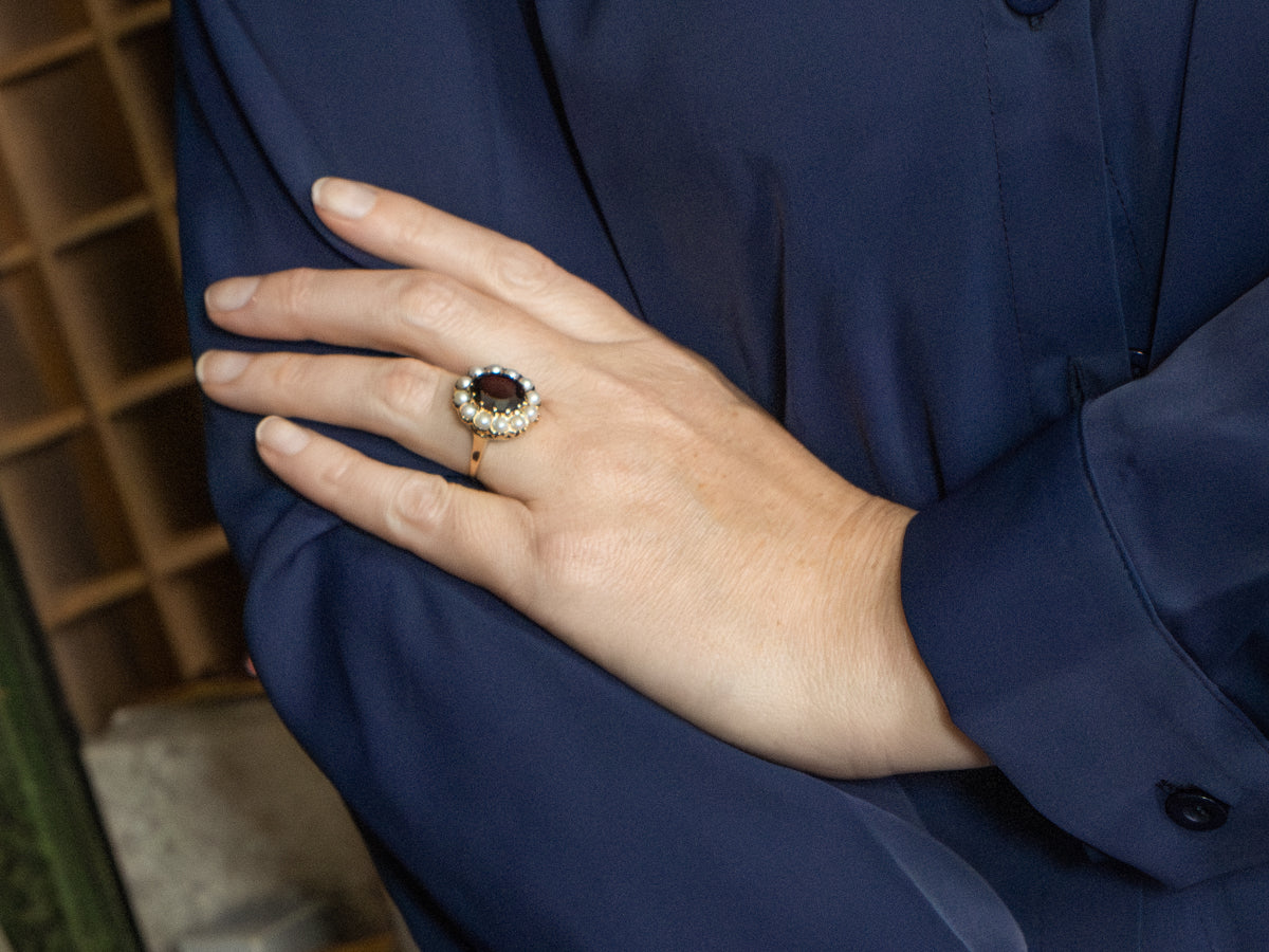 Beautiful Rhodolite Garnet and Pearl Halo Cocktail Ring