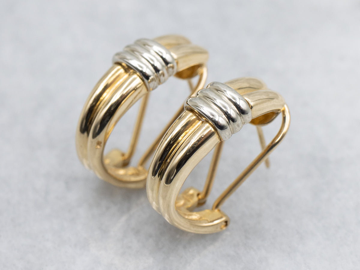 Two Tone 18-Karat Gold Grooved Hoop Earrings