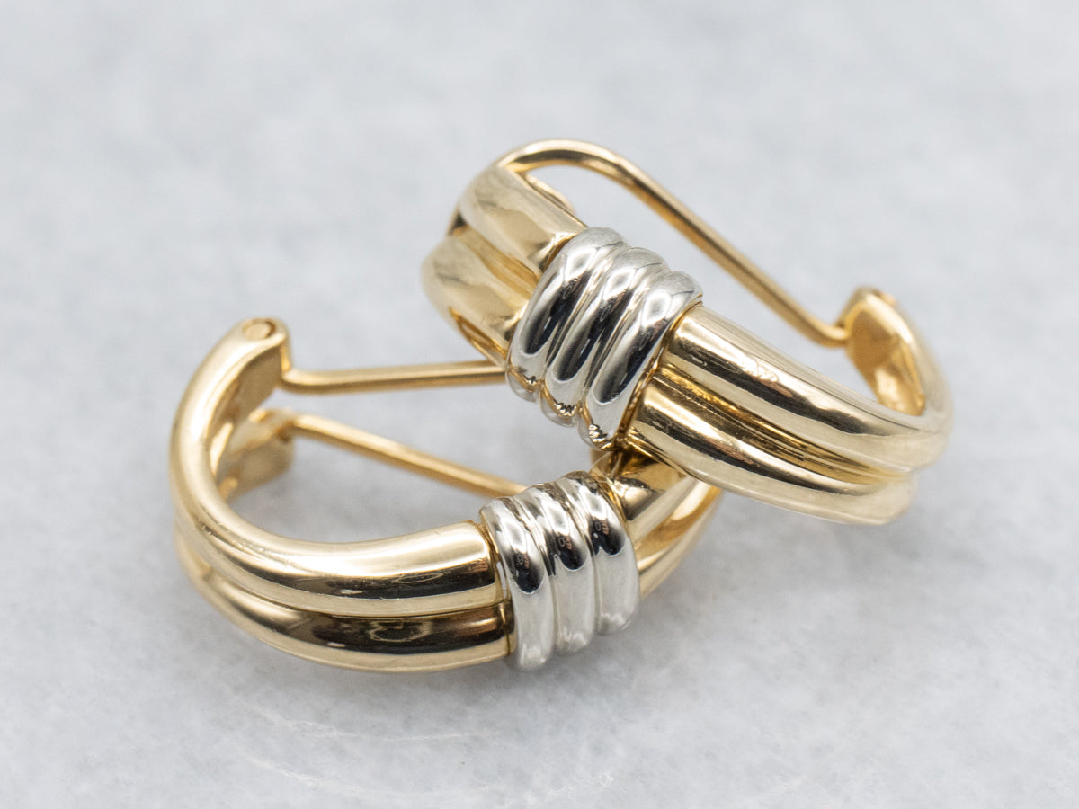 Two Tone 18-Karat Gold Grooved Hoop Earrings