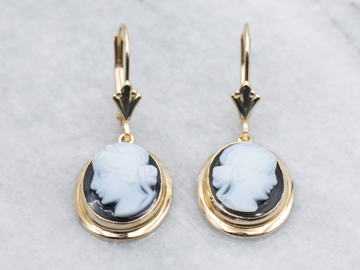 Vintage Onyx Cameo and Gold Drop Earrings
