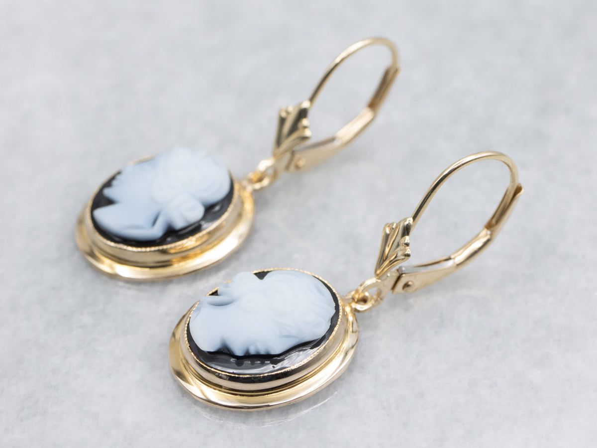 Vintage Onyx Cameo and Gold Drop Earrings