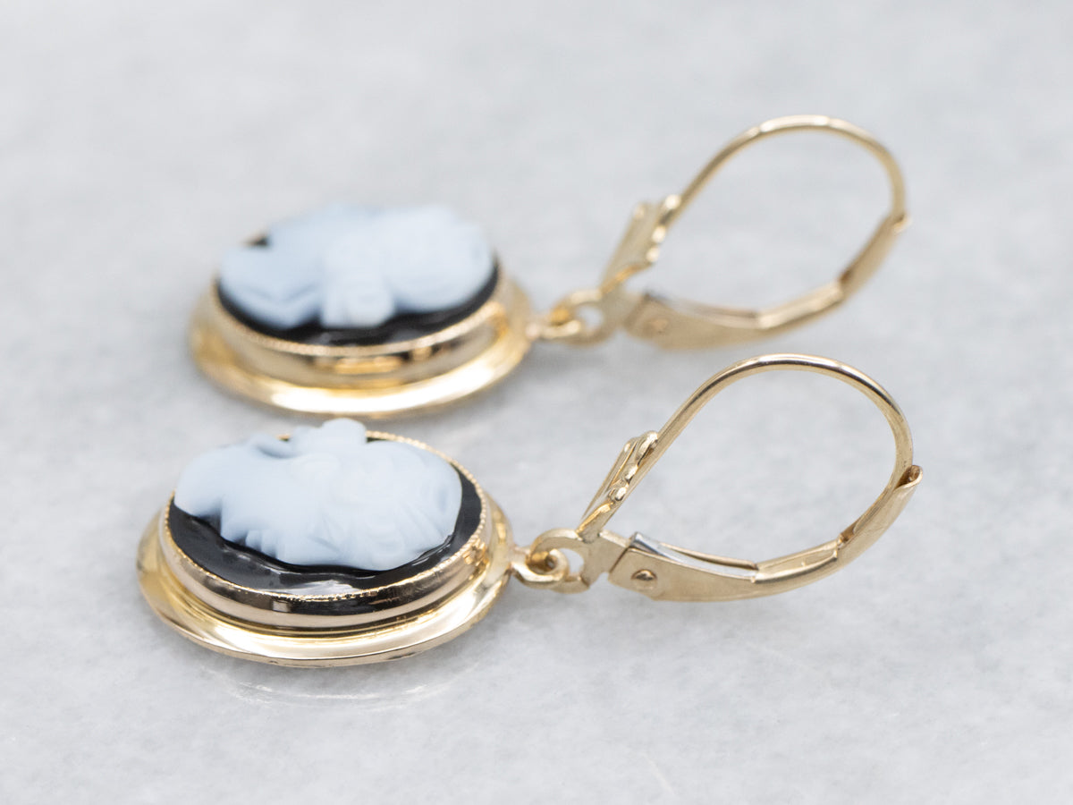 Vintage Onyx Cameo and Gold Drop Earrings