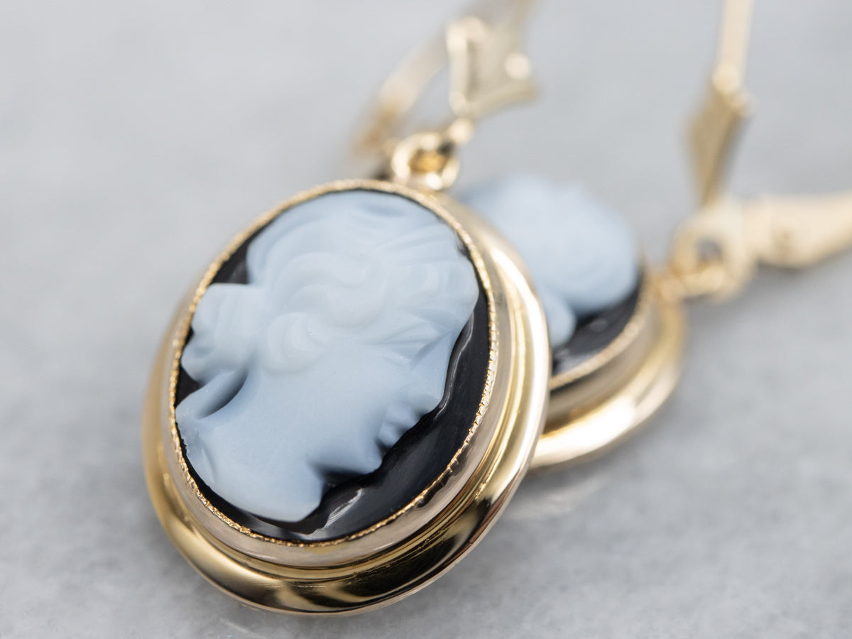 Vintage Onyx Cameo and Gold Drop Earrings