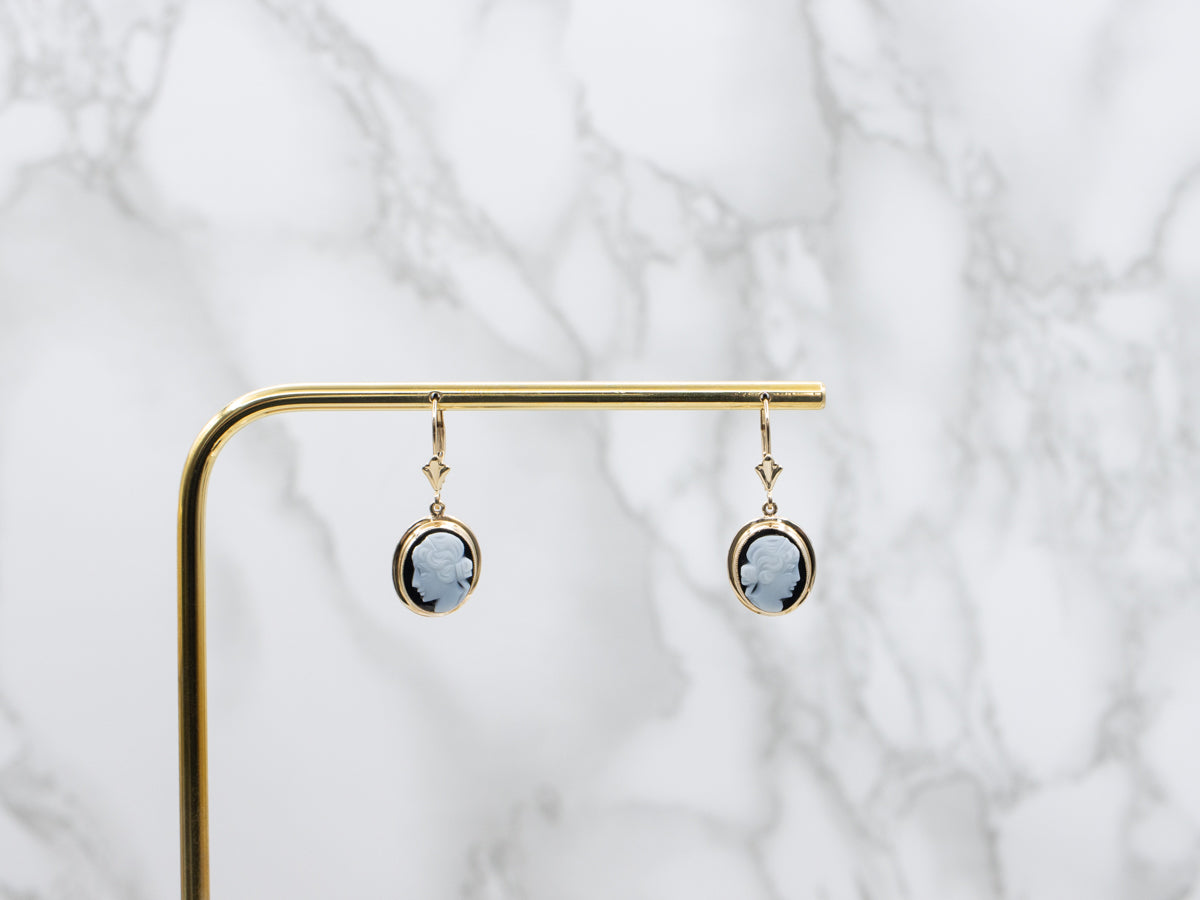 Vintage Onyx Cameo and Gold Drop Earrings