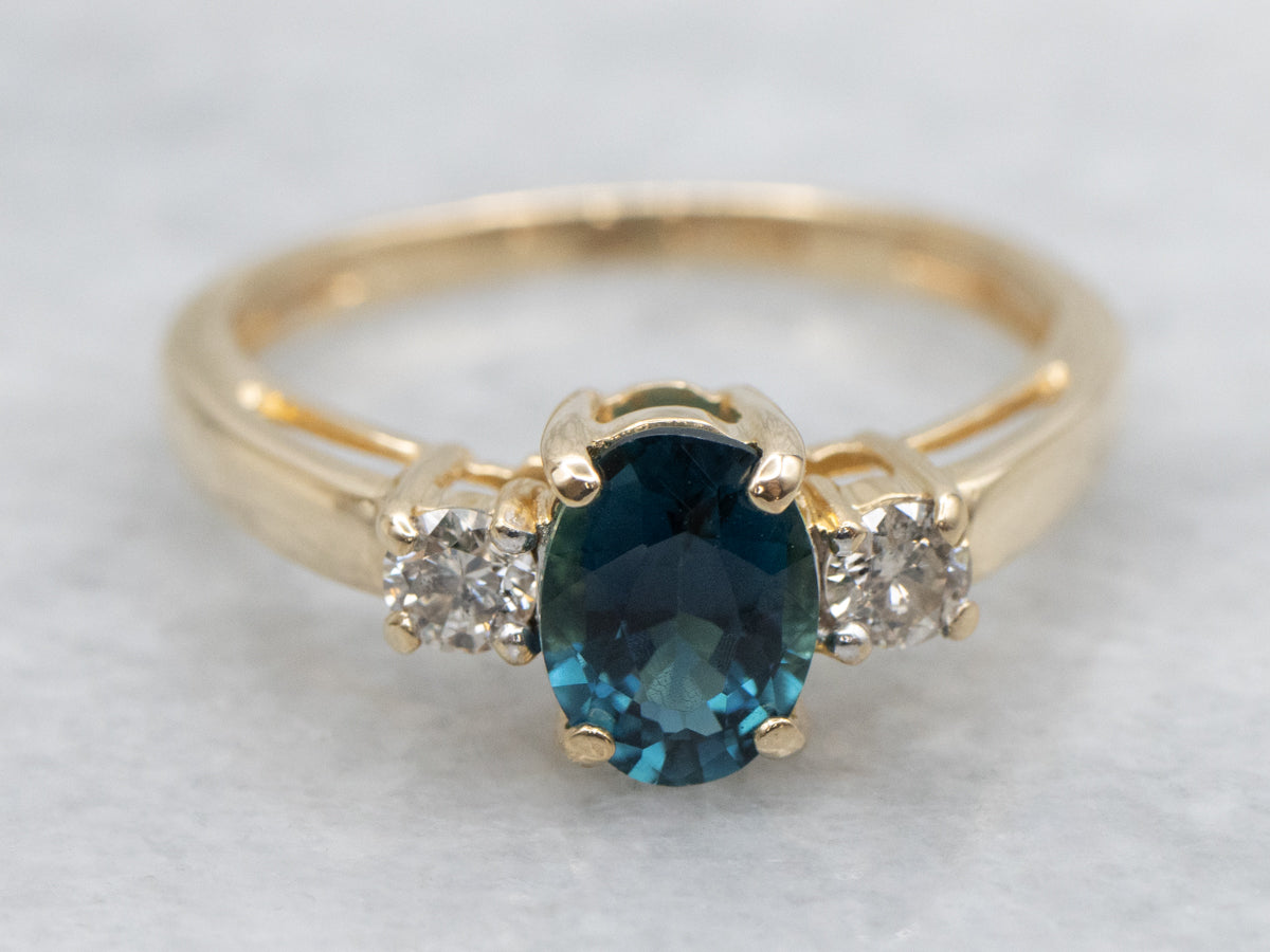 Blue-Green Tourmaline and Diamond Yellow Gold Ring