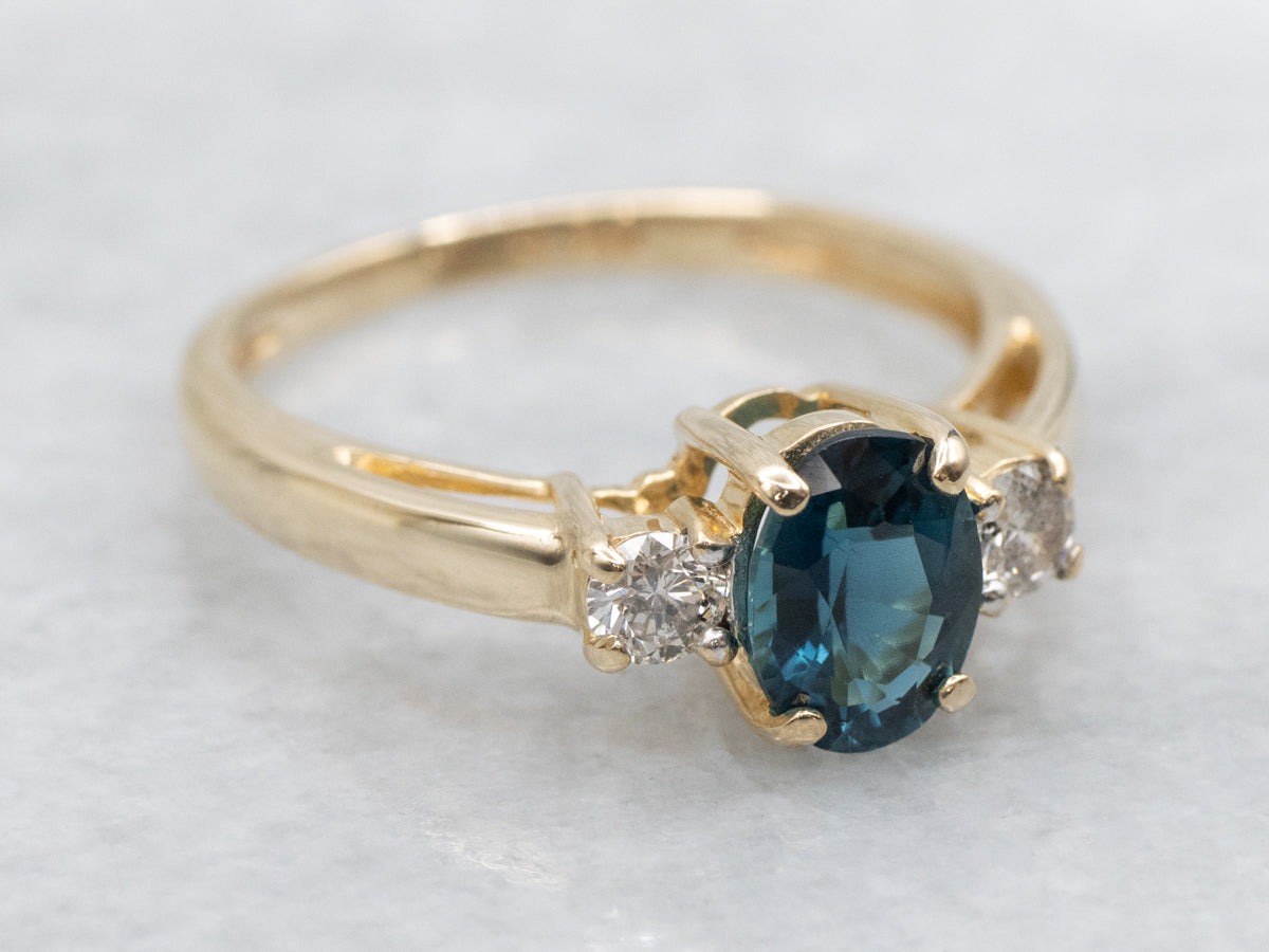 Blue-Green Tourmaline and Diamond Yellow Gold Ring