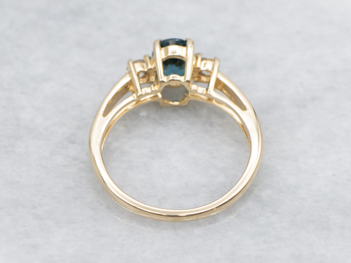 Blue-Green Tourmaline and Diamond Yellow Gold Ring