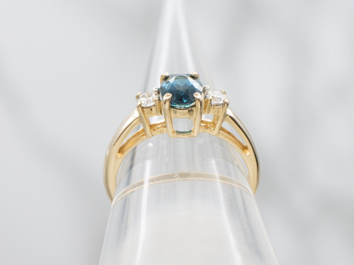 Blue-Green Tourmaline and Diamond Yellow Gold Ring