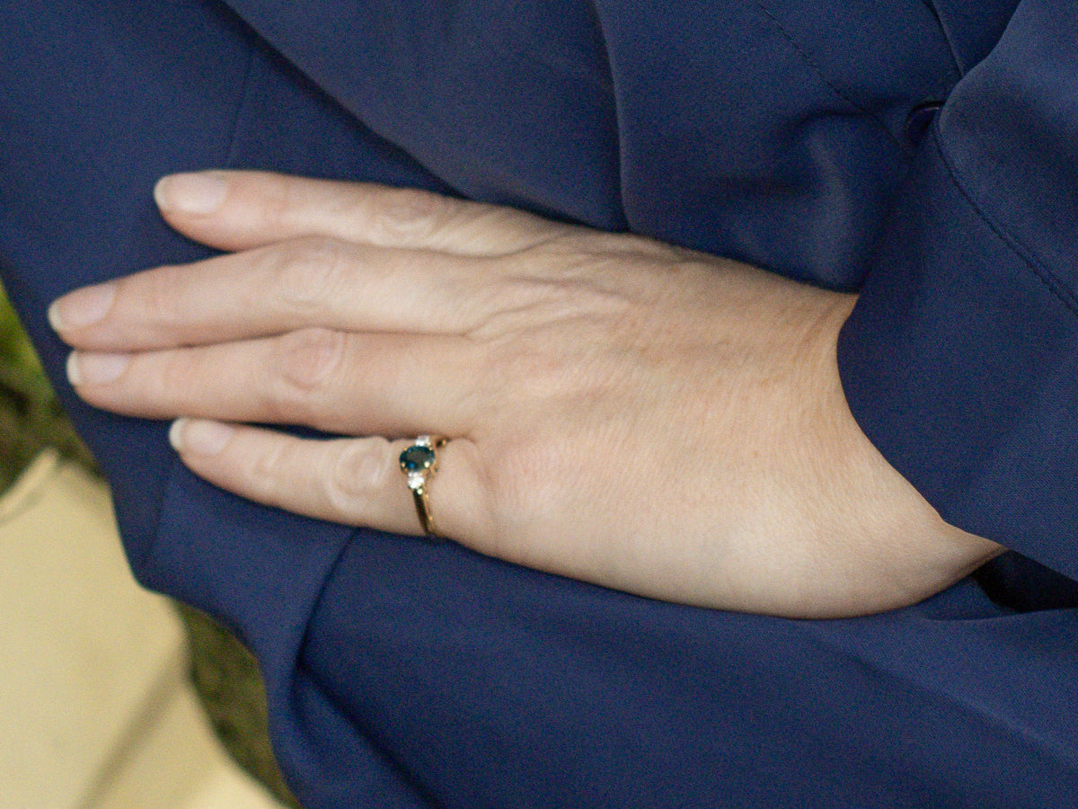 Blue-Green Tourmaline and Diamond Yellow Gold Ring