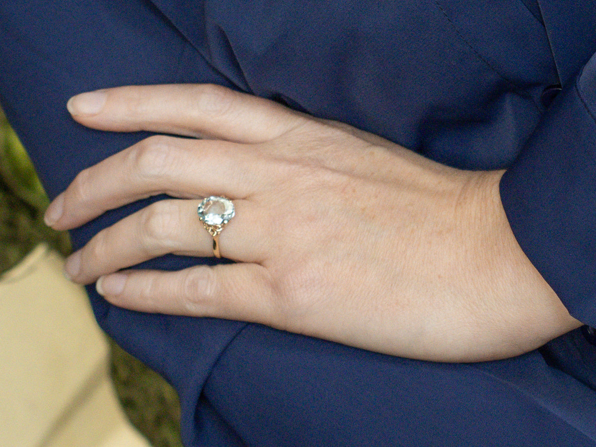 Oval Cut Aquamarine Scrolling Yellow Gold Cocktail Ring
