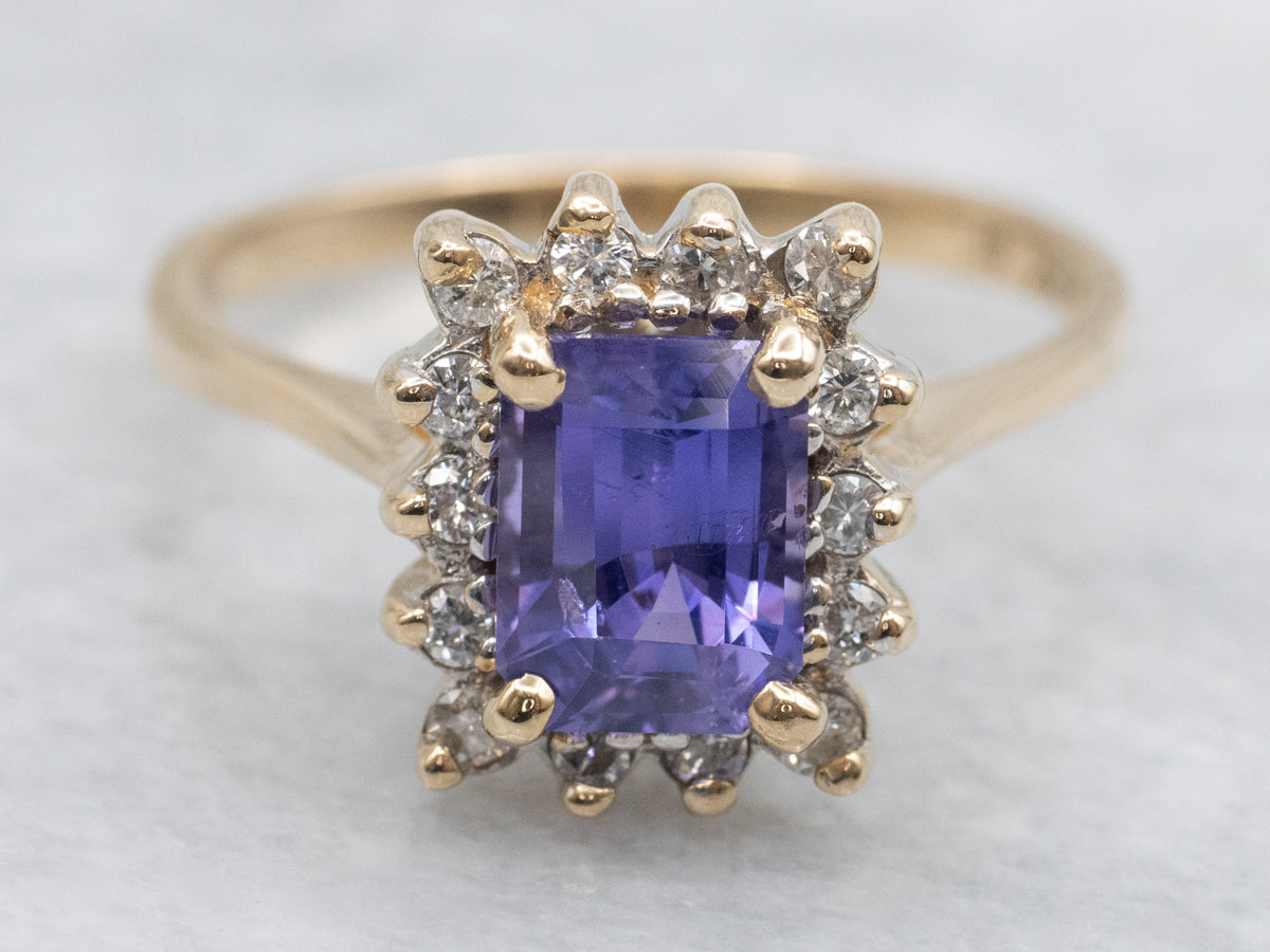 Emerald Cut Purple Sapphire and Diamond Halo Gold Ring