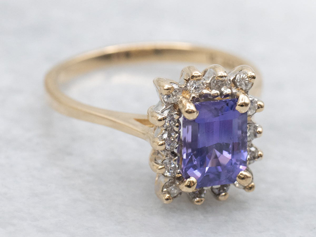 Emerald Cut Purple Sapphire and Diamond Halo Gold Ring
