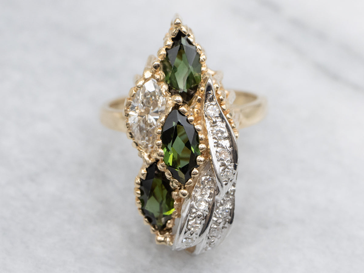 Stunning Marquise Cut Green Tourmaline and Diamond Cocktail Ring