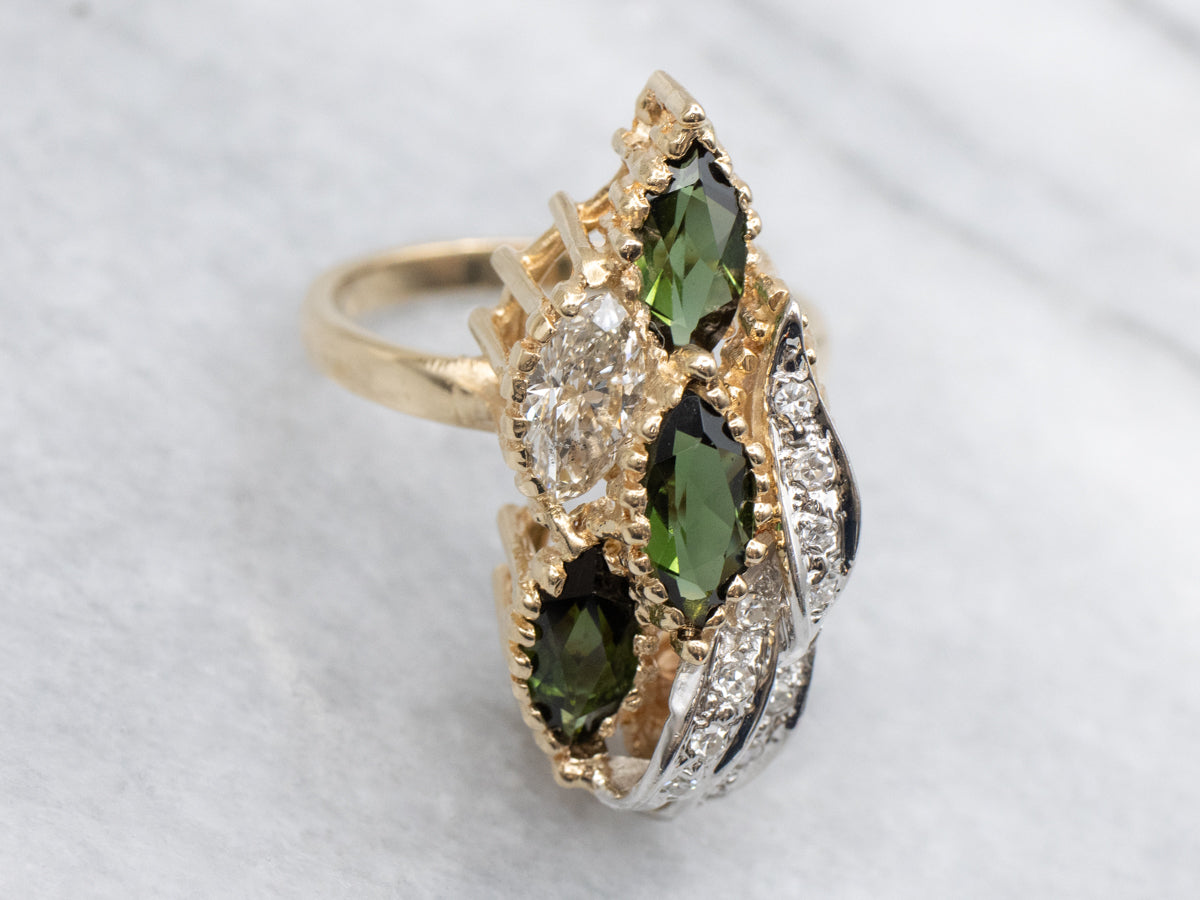 Stunning Marquise Cut Green Tourmaline and Diamond Cocktail Ring