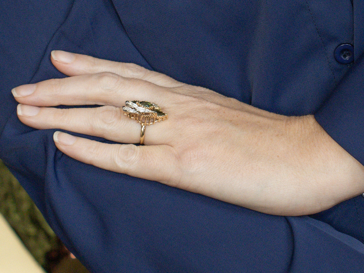 Stunning Marquise Cut Green Tourmaline and Diamond Cocktail Ring