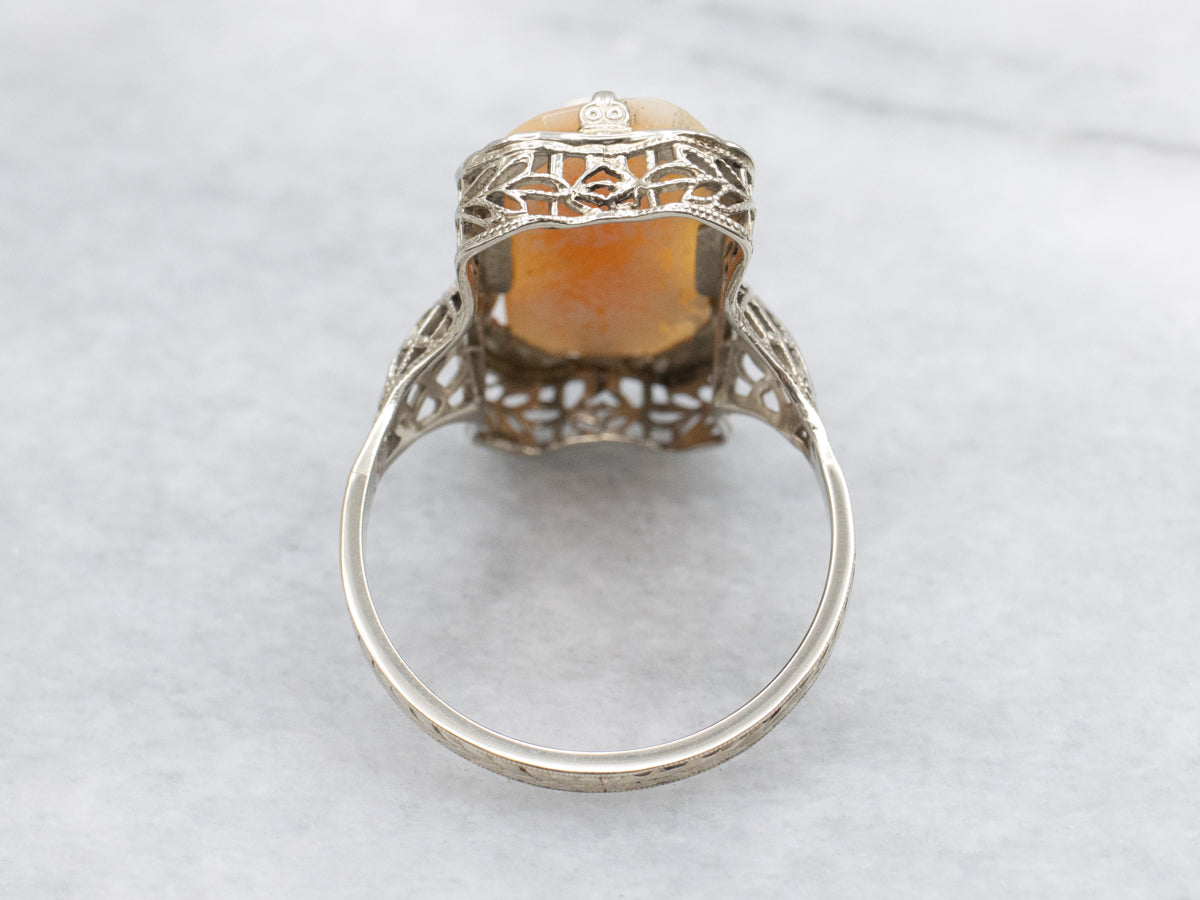 Lovely Art Deco Cameo White Gold Filigree Ring