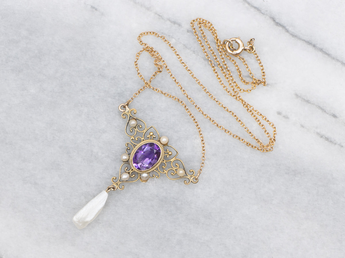 Ornate Gold Amethyst and Natural Pearl Drop Necklace