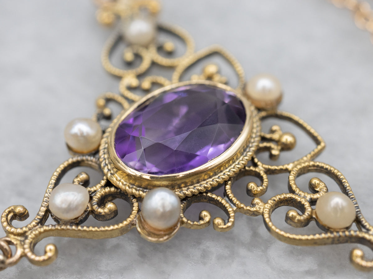 Ornate Gold Amethyst and Natural Pearl Drop Necklace