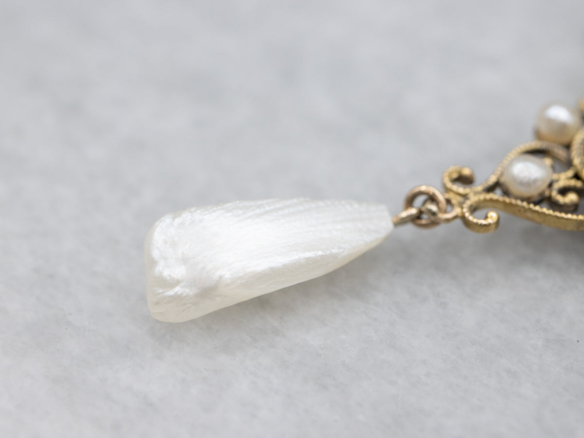 Ornate Gold Amethyst and Natural Pearl Drop Necklace