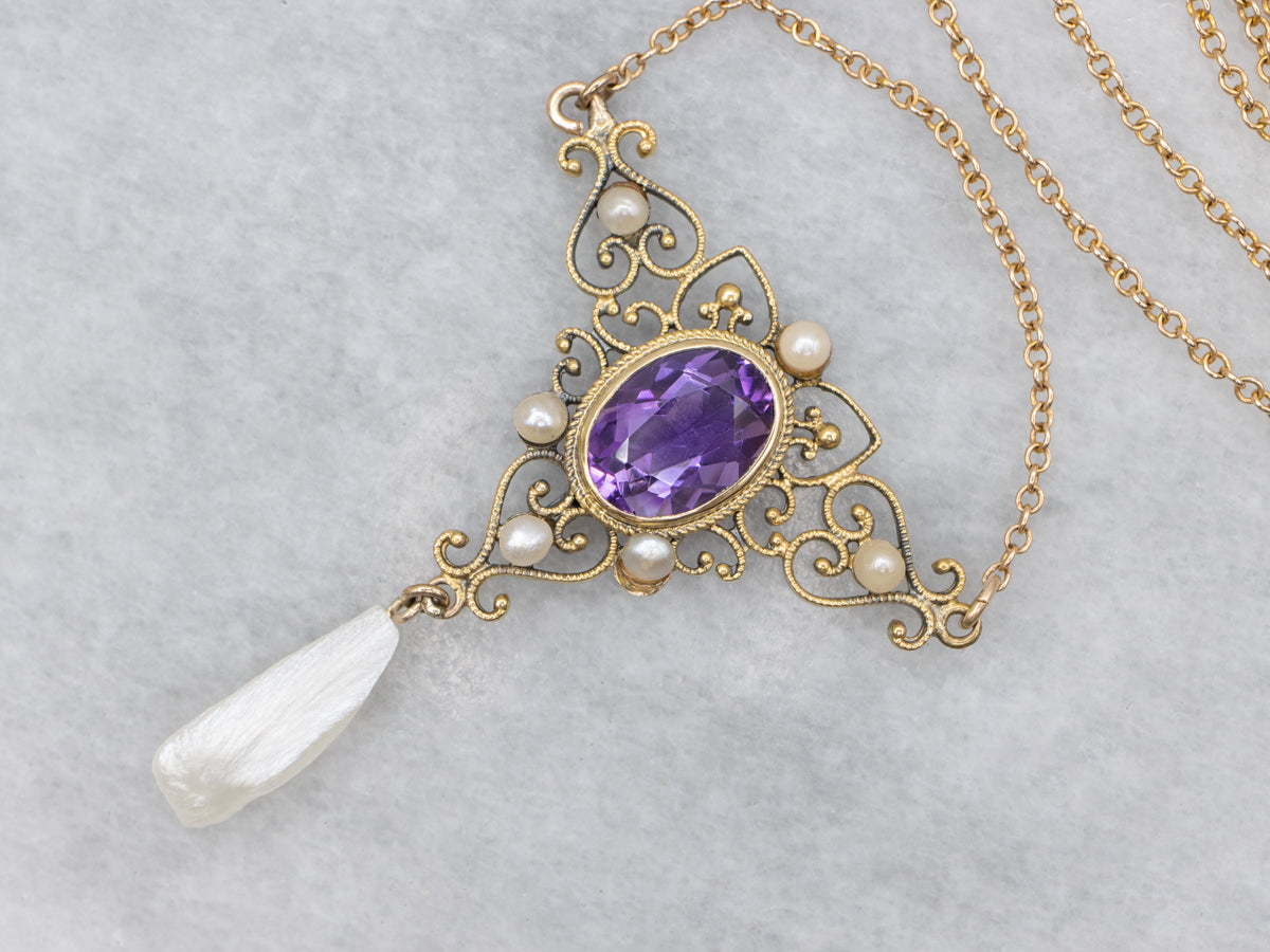 Ornate Gold Amethyst and Natural Pearl Drop Necklace