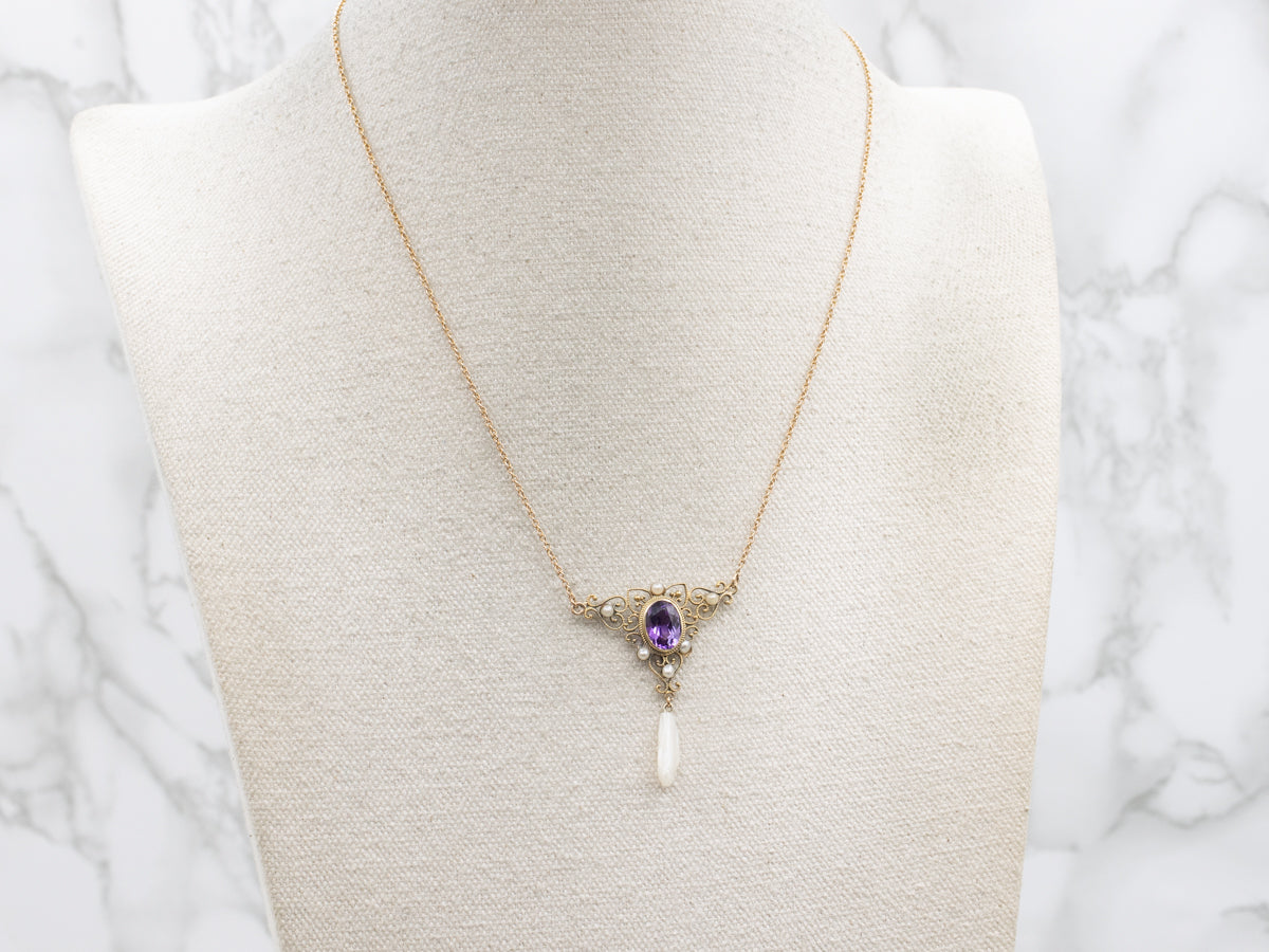 Ornate Gold Amethyst and Natural Pearl Drop Necklace