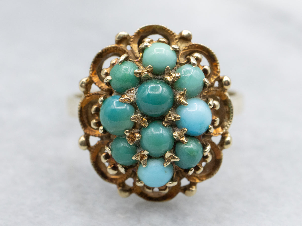 Multi-Hued Turquoise and Gold Cluster Cocktail Ring