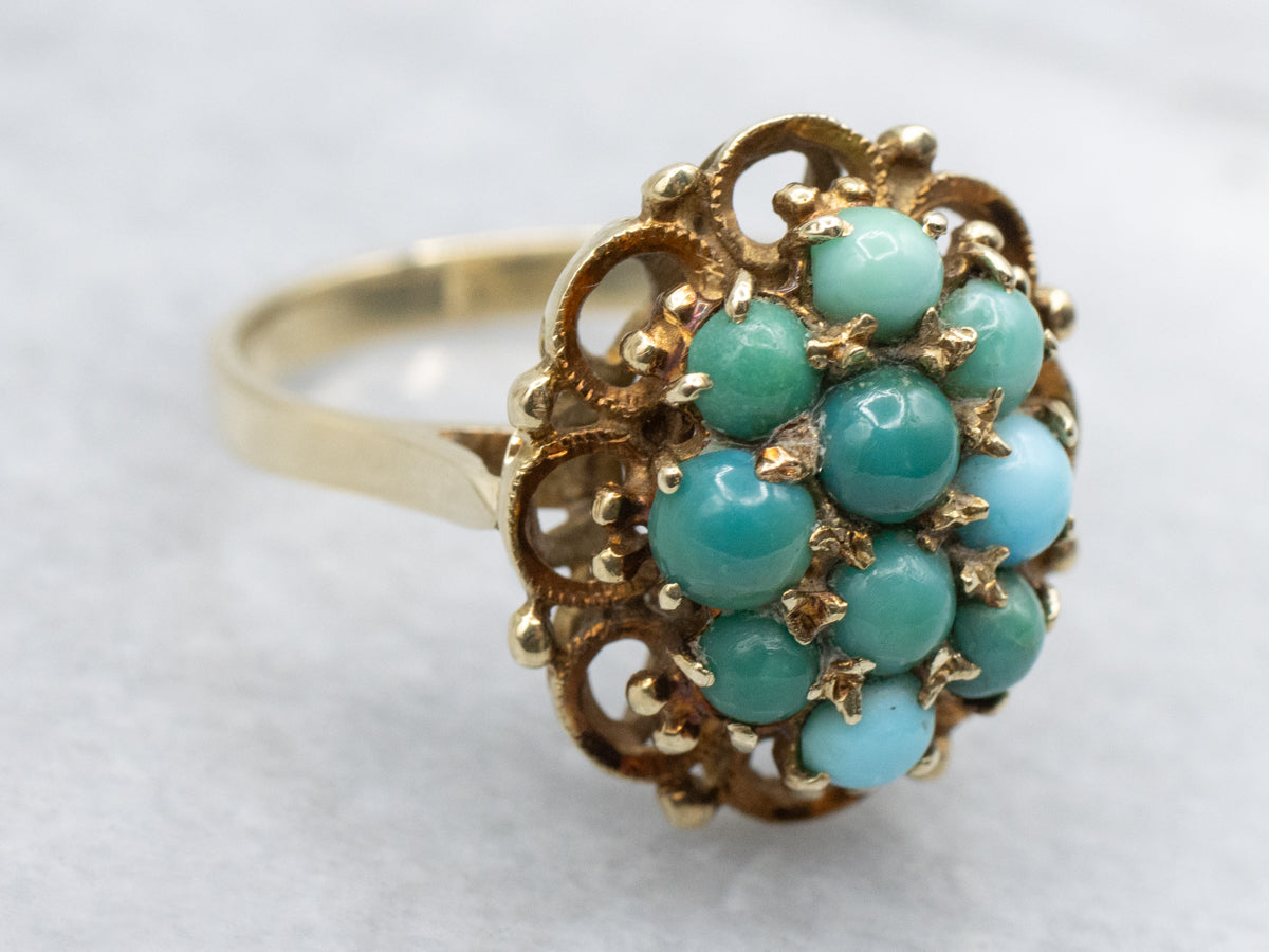 Multi-Hued Turquoise and Gold Cluster Cocktail Ring