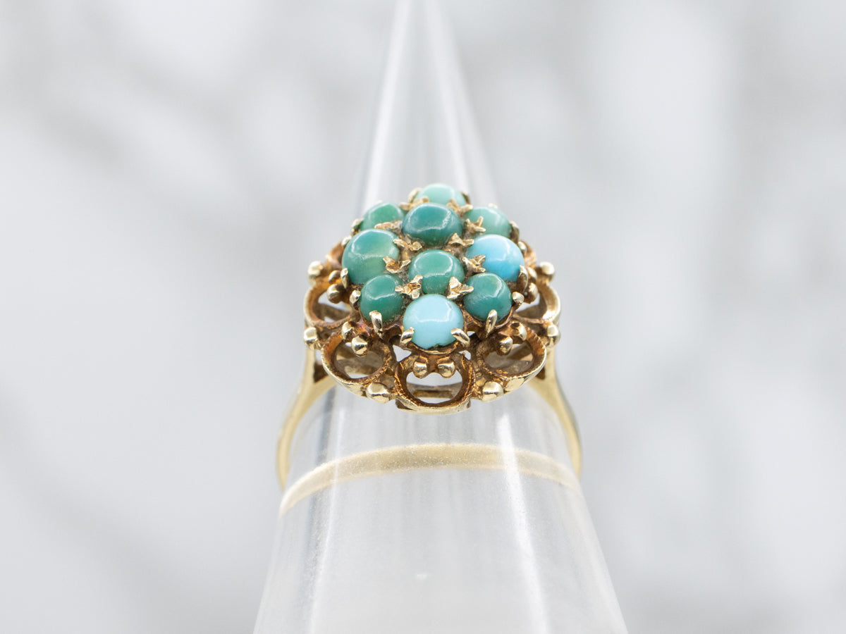 Multi-Hued Turquoise and Gold Cluster Cocktail Ring