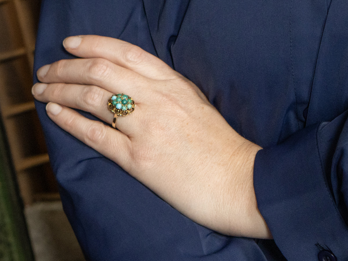 Multi-Hued Turquoise and Gold Cluster Cocktail Ring